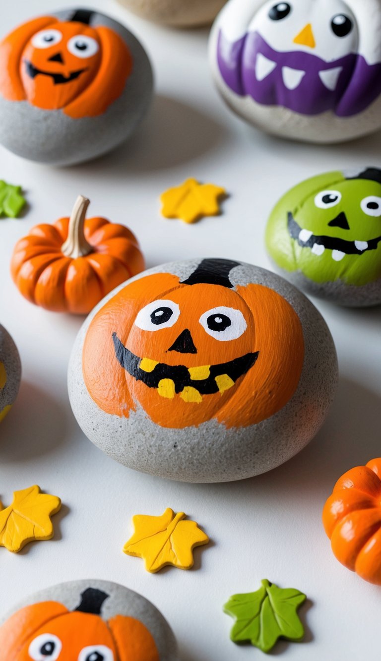 A group of cute monster pumpkin faces painted on rocks, arranged in a fall-themed display