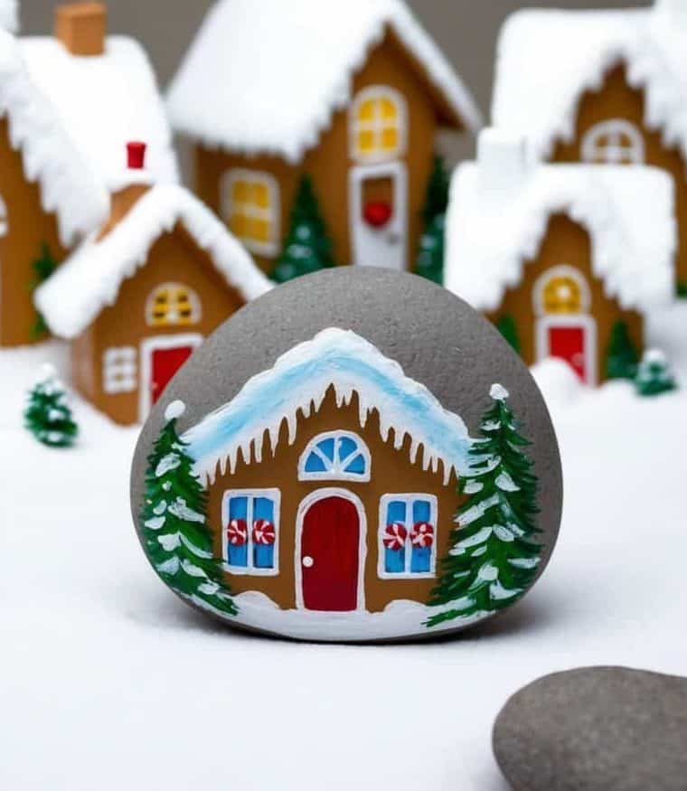 A painted rock resembling a snowy gingerbread house is placed in front of small model gingerbread houses, with smoke rising from one chimney.