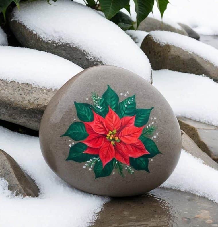 A painted rock with a poinsettia design rests on snow-covered stones, with a poinsettia plant in the background.
