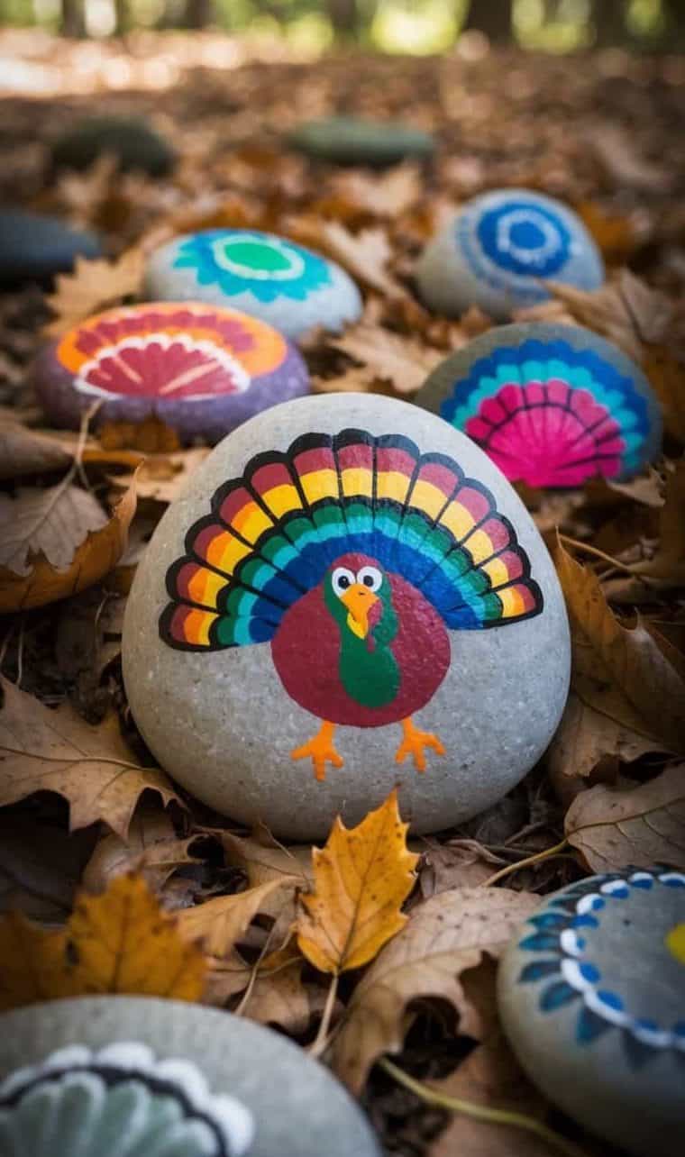 A painted rock featuring a colorful turkey design sits among autumn leaves, surrounded by other rocks decorated with various patterns.