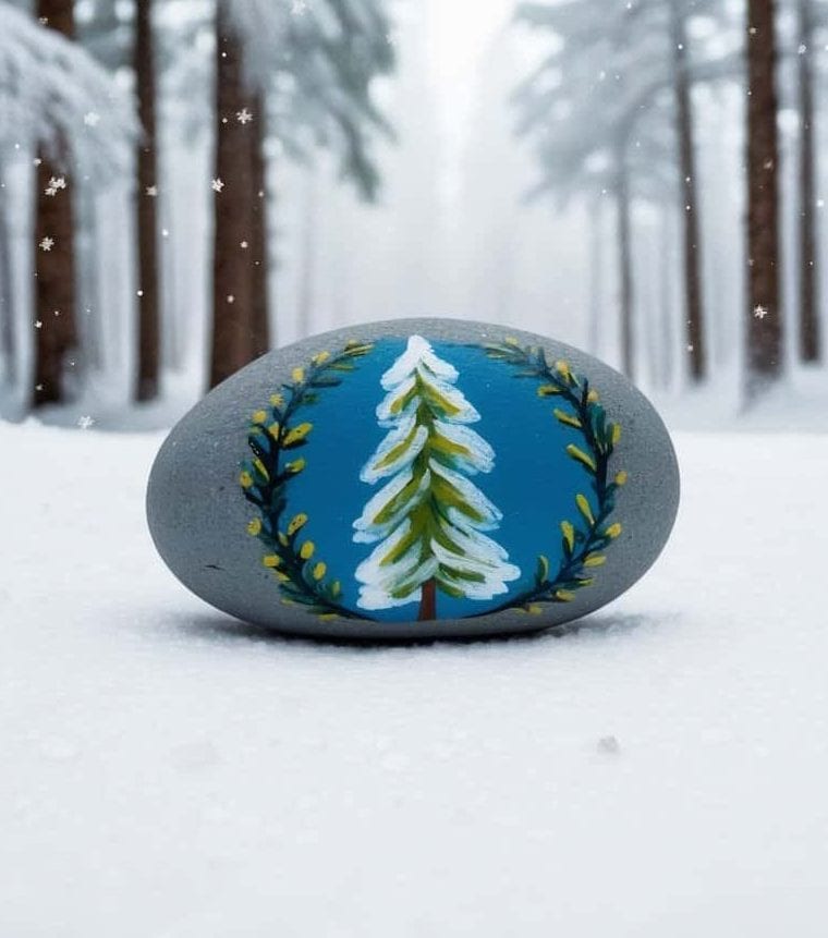 A painted rock featuring a white and green pine tree design rests on snowy ground in a forest of snow-covered trees.