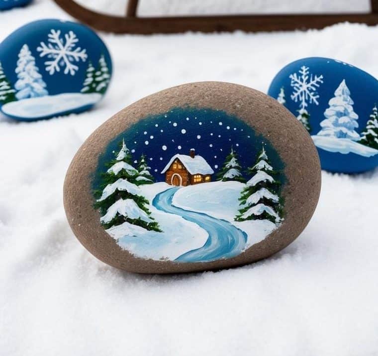 A wooden sled sits on snow with painted rocks in front; one rock shows a winter cabin scene, others have snowflakes and trees.