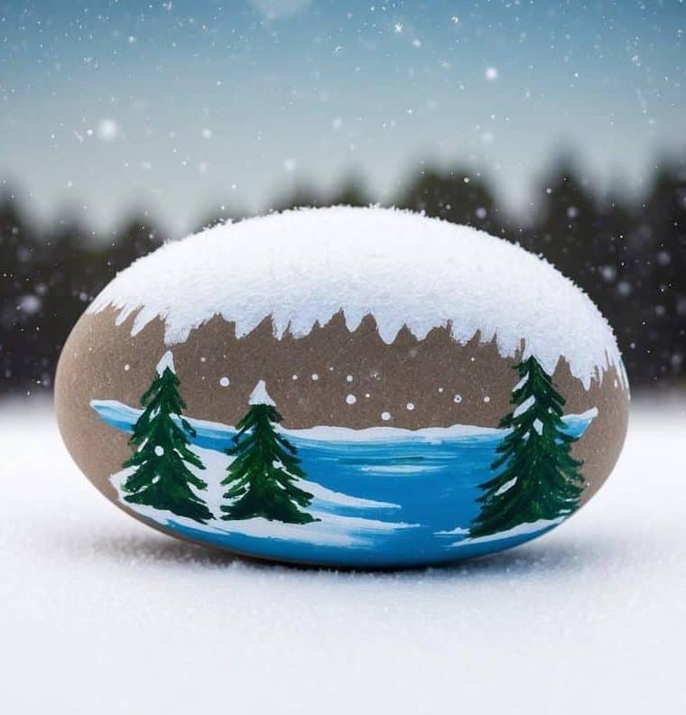 A smooth rock painted with a snowy winter landscape, featuring pine trees and a frozen lake, sits on snow with a blurred forest and falling snow in the background.