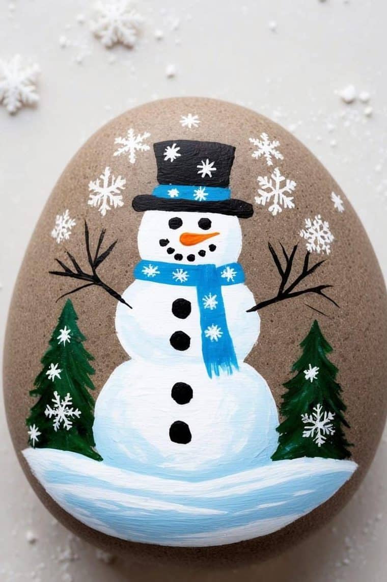 A smooth rock painted with a snowman wearing a hat and scarf, surrounded by snowflakes and two pine trees on a snowy landscape.