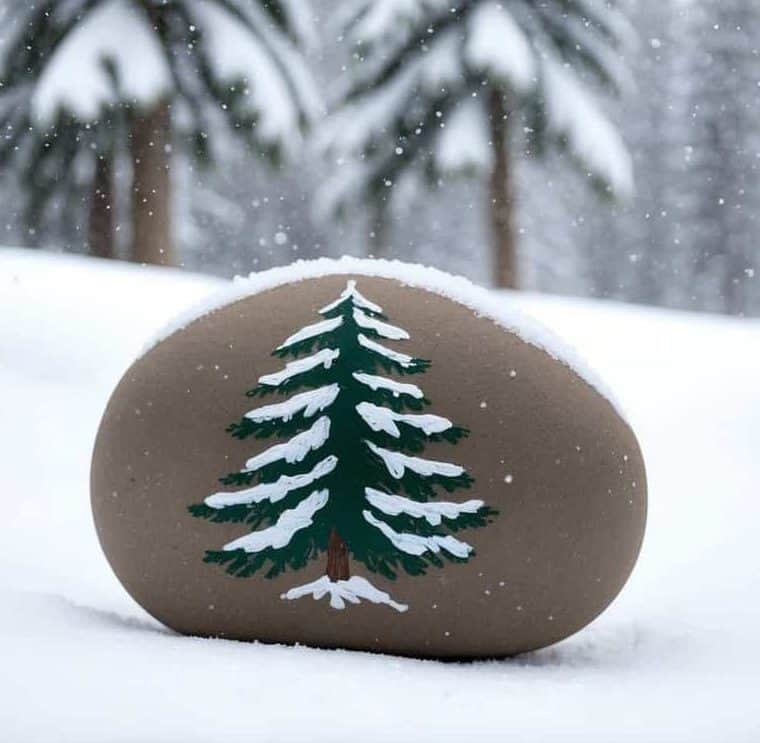 A painted rock with a green and white pine tree sits on snow, with snow-covered pine trees and falling snowflakes in the background.