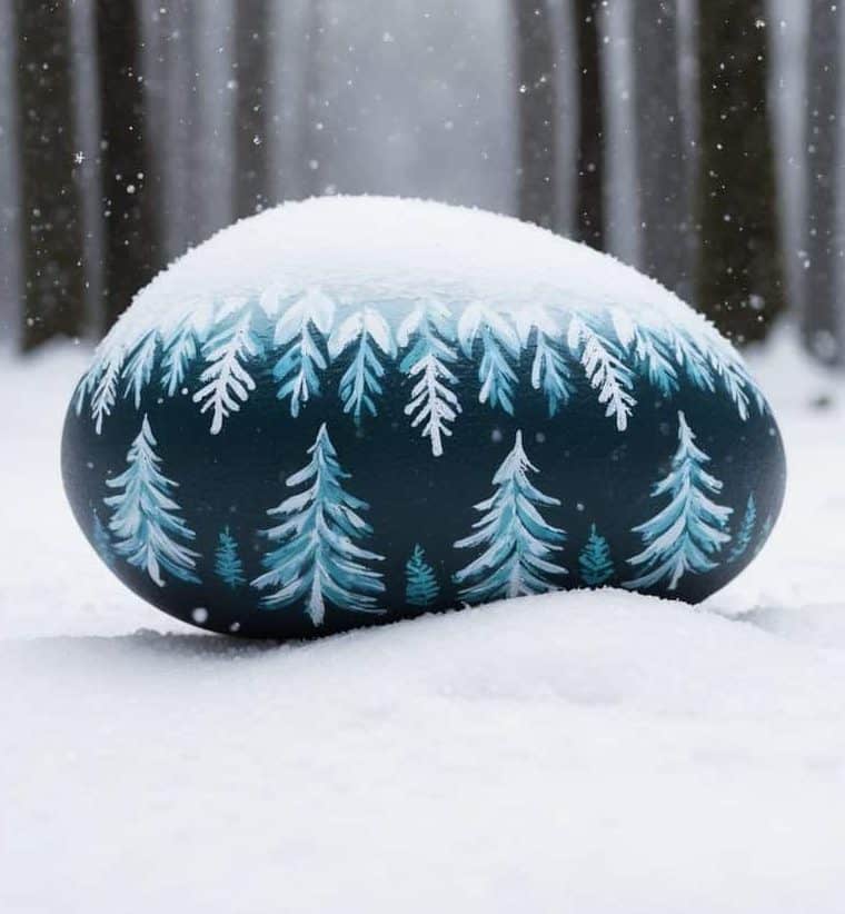 A large painted stone with a pattern of white and blue pine trees sits on snowy ground in a snowy forest.