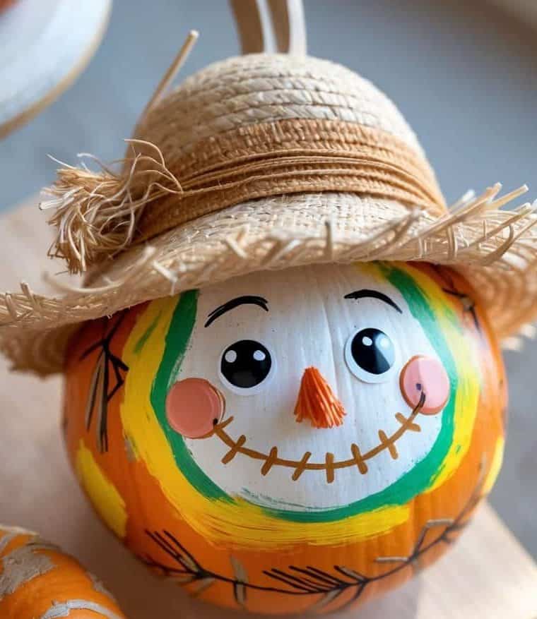 A pumpkin painted with a cheerful scarecrow face, wearing a straw hat, sits on a wooden surface next to another smaller pumpkin.