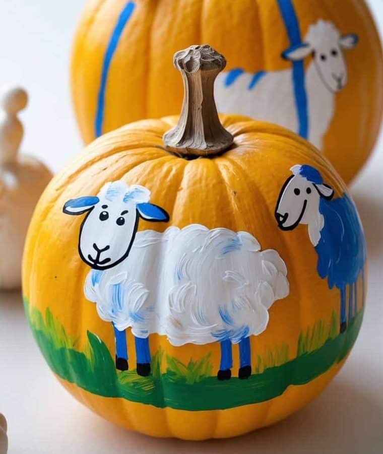 Two orange pumpkins are painted with images of white and blue cartoon sheep standing on green grass.