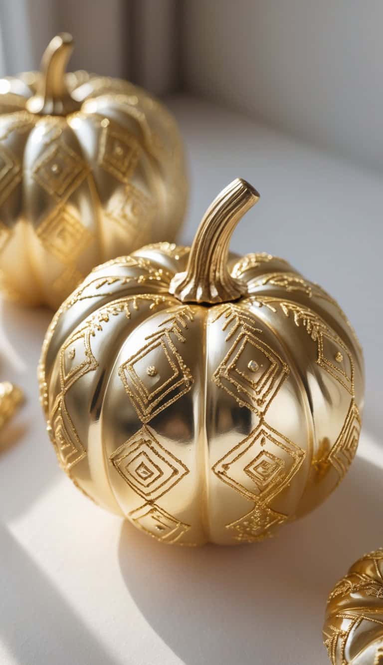 Two decorative pumpkins painted gold with embossed geometric patterns sit on a white surface in natural light.