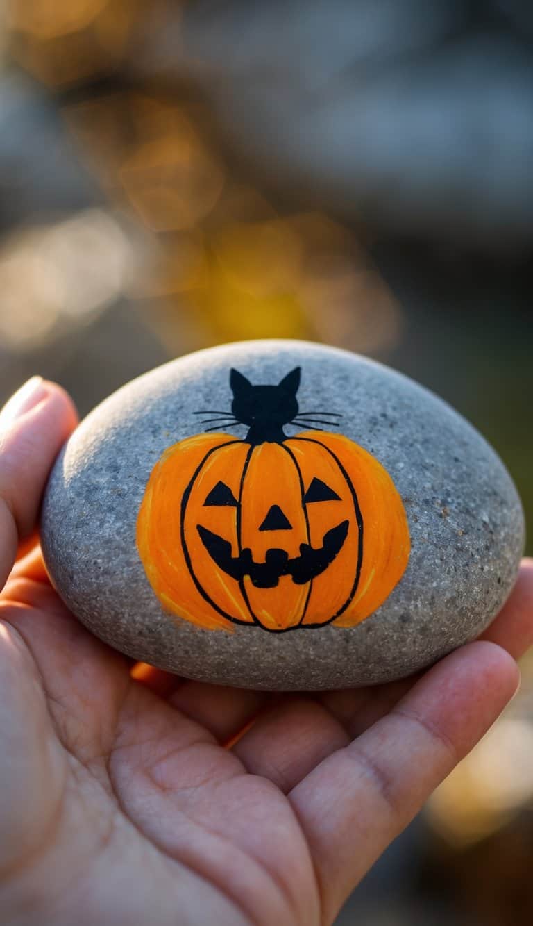 A hand holding a smooth river rock painted with a pumpkin and a smiling cat silhouette.