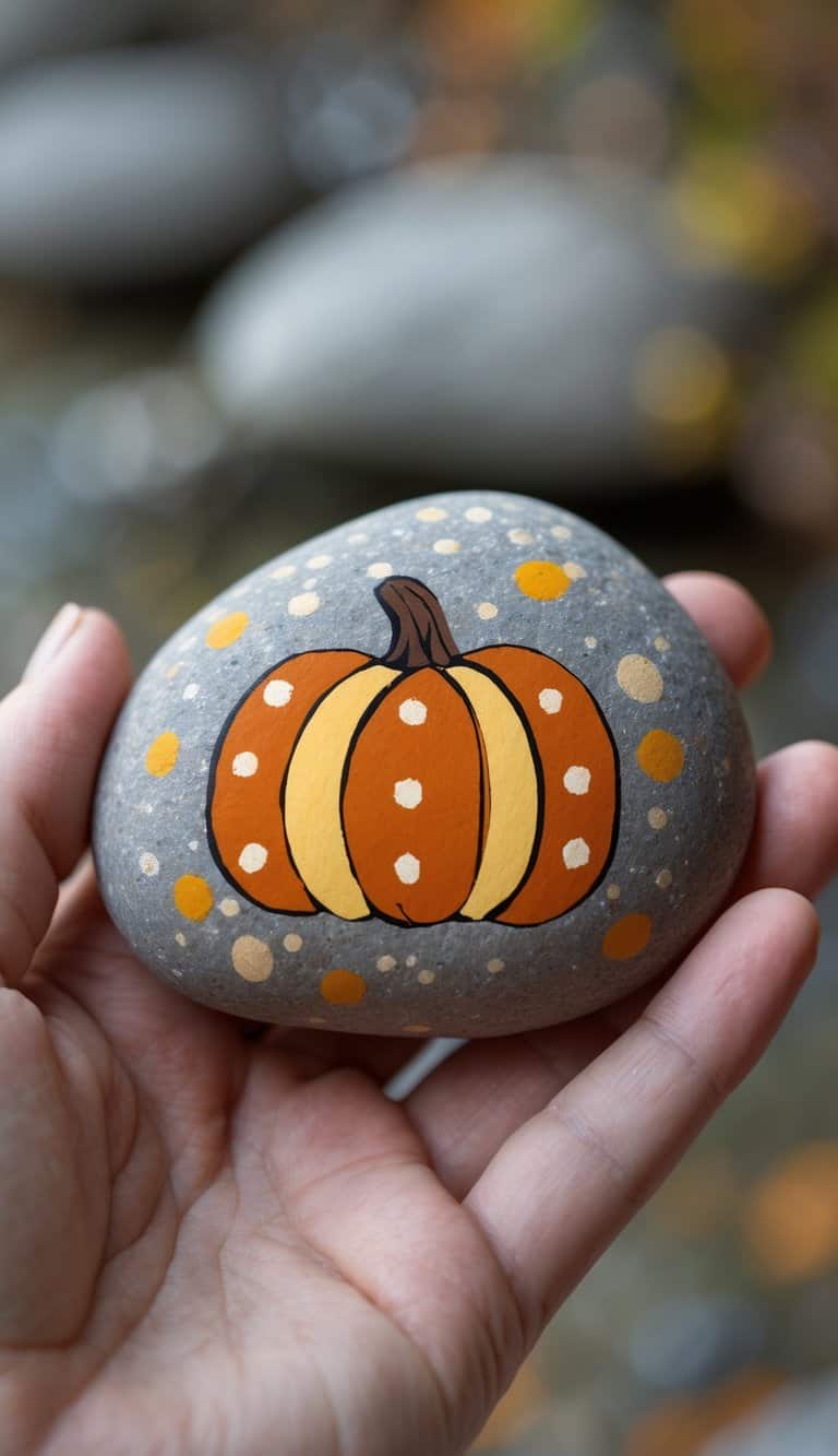 A hand holding a smooth river rock painted with a pumpkin and polka dots in fall colors.