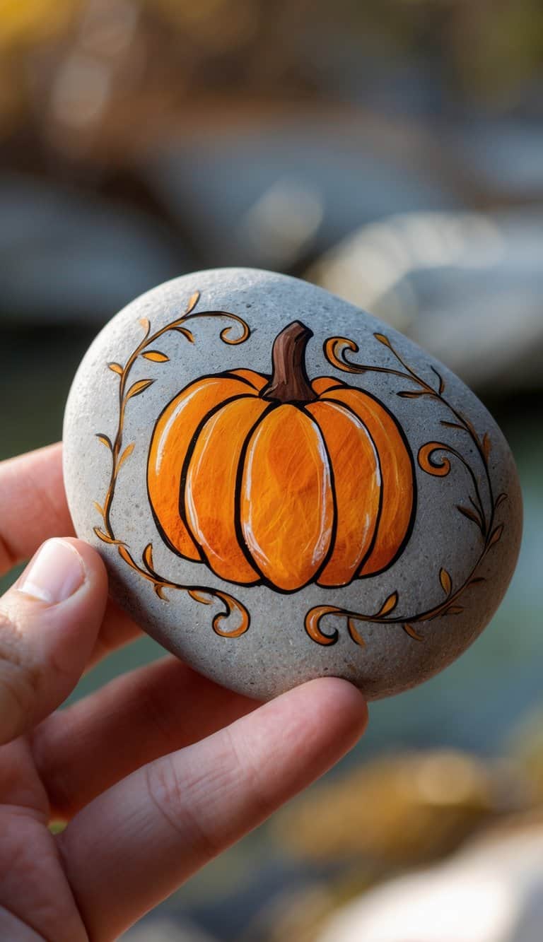 A hand holding a smooth rock painted with an orange pumpkin and swirling vine patterns.