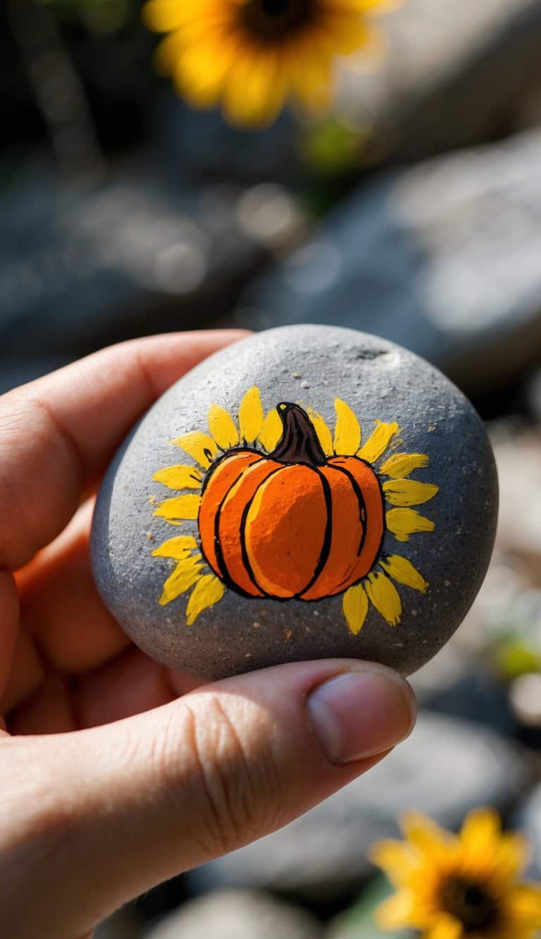 A hand holding a smooth river rock painted with an orange pumpkin and yellow sunflower design.