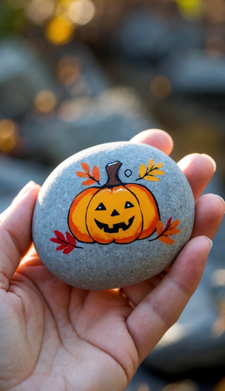 A hand holding a smooth river rock painted with a pumpkin and small fall leaves.
