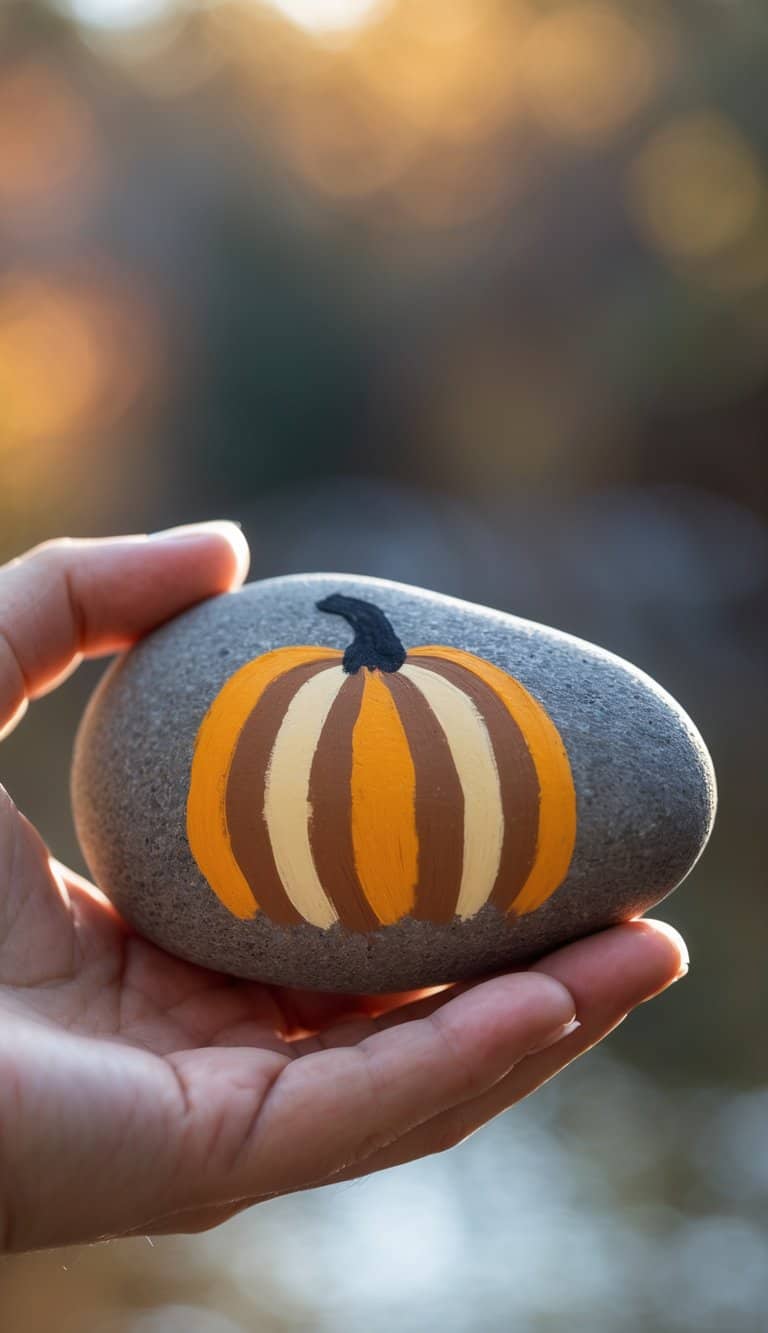 A hand holding a smooth river rock painted with a striped pumpkin design in autumn colors.