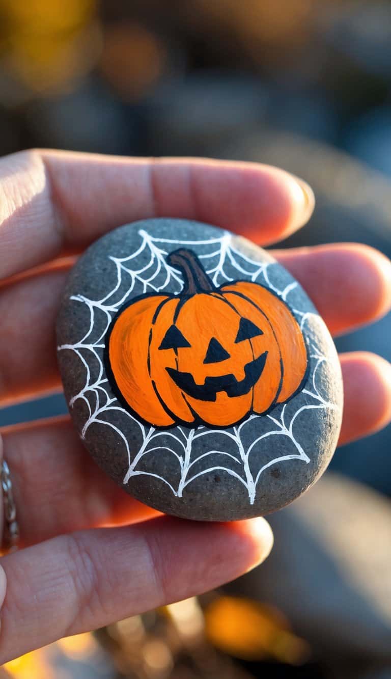 A hand holding a smooth river rock painted with a pumpkin and spider web design.