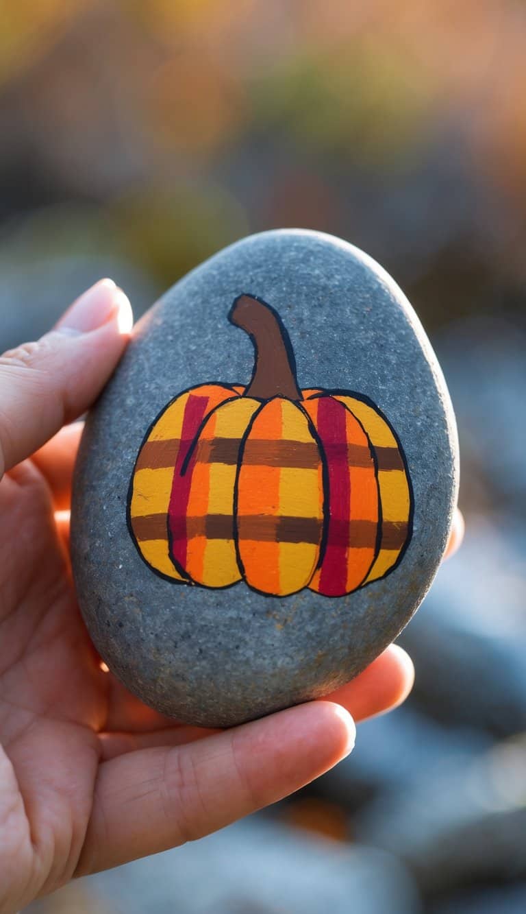 A hand holding a smooth river rock painted with a pumpkin design in a plaid pattern.