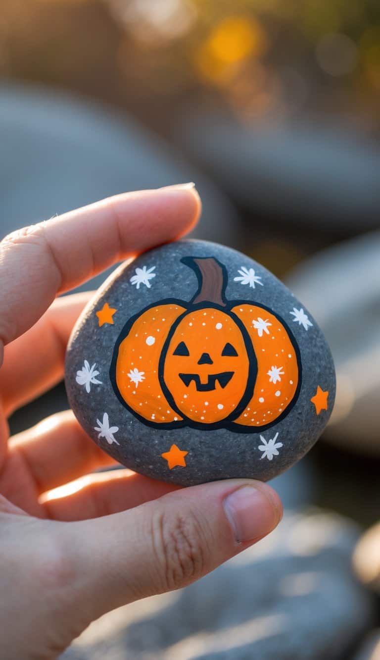 A hand holding a smooth rock painted with a pumpkin design decorated with dots and stars.