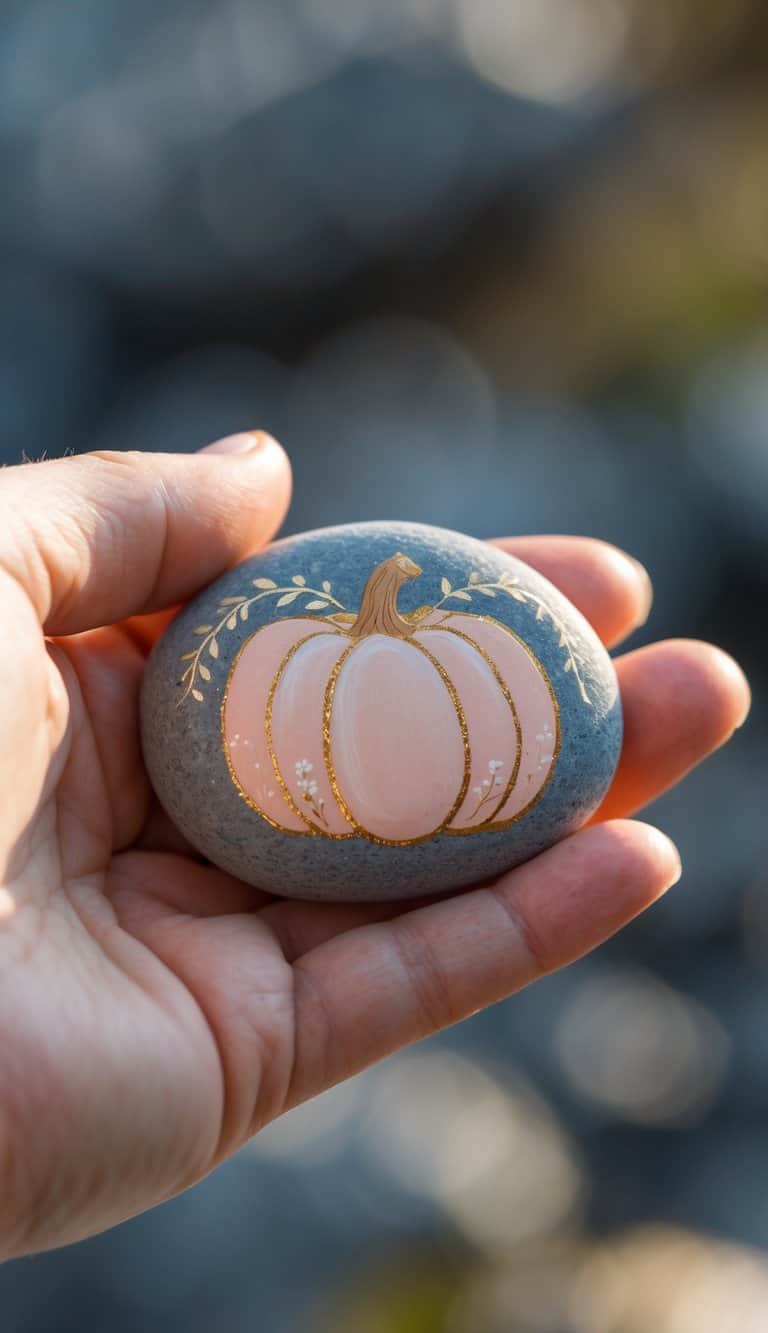 A hand holding a smooth river rock painted with a pastel pumpkin design and gold details.
