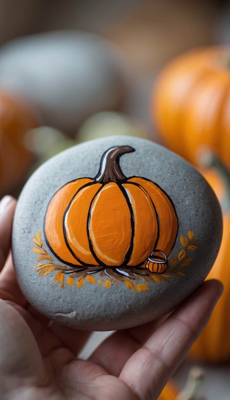 A hand holding a smooth river rock painted with an orange pumpkin holding a tiny pumpkin basket.