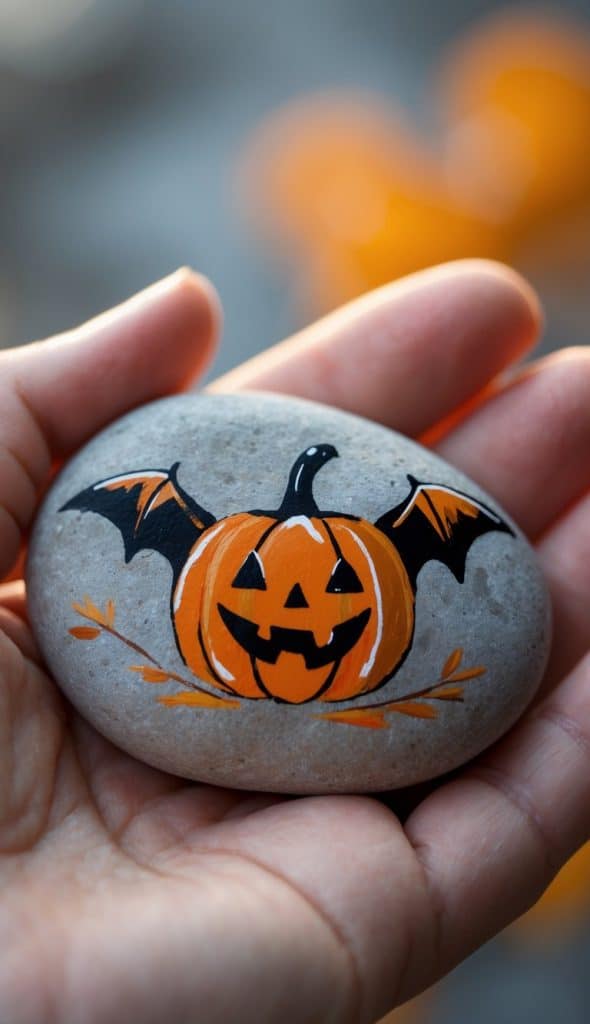 A hand holds a smooth stone painted with a smiling jack-o’-lantern, bat wings, and orange accents, resembling a Halloween-themed decoration.