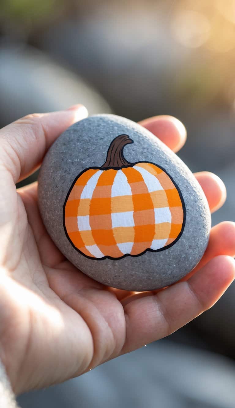 A hand holding a smooth river rock painted with an orange and white gingham check pumpkin design.