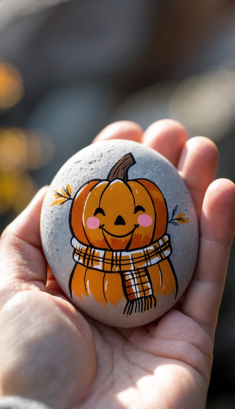 A hand holding a smooth river rock painted with a pumpkin wearing a scarf.