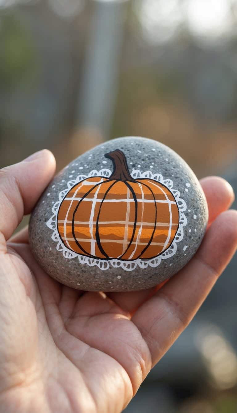 A hand holding a smooth river rock painted with a pumpkin design featuring plaid and lace details.