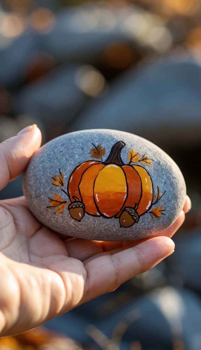 A hand holding a smooth rock painted to look like a pumpkin decorated with acorns.