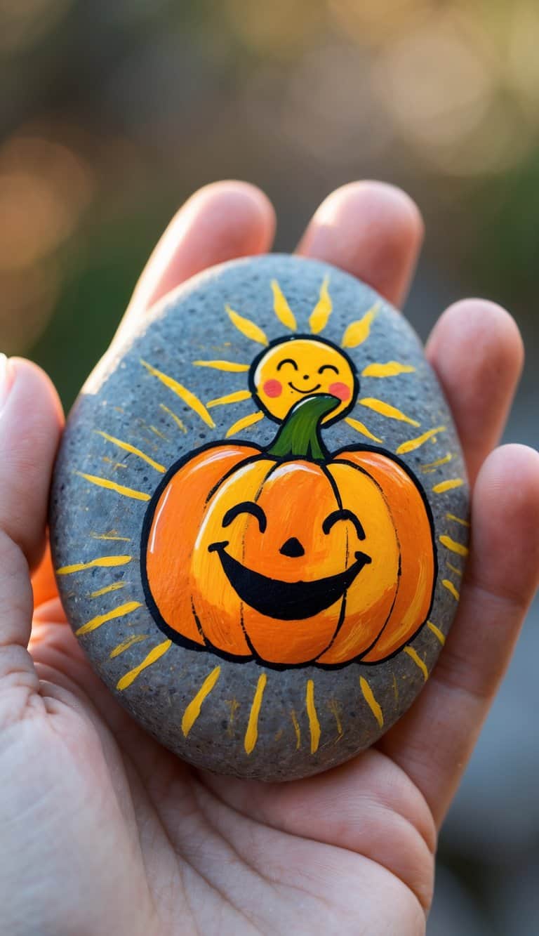 A hand holding a smooth river rock painted with a happy pumpkin and sun face design.