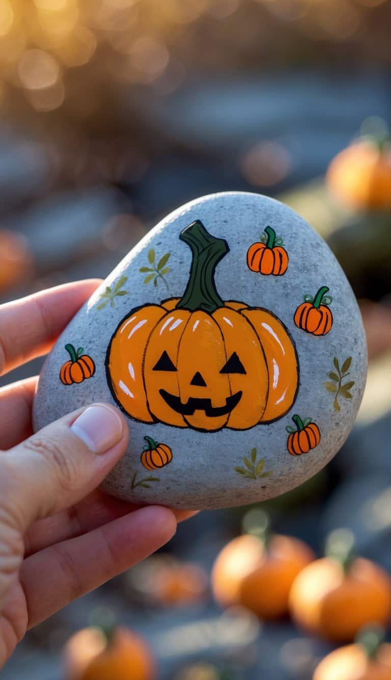 A hand holding a smooth river rock painted with a pumpkin and candy pumpkin illustrations.