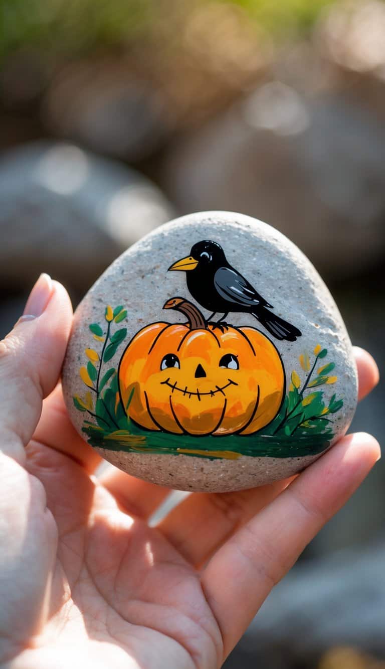 A hand holding a smooth painted rock featuring a pumpkin with a small cartoon crow on top.