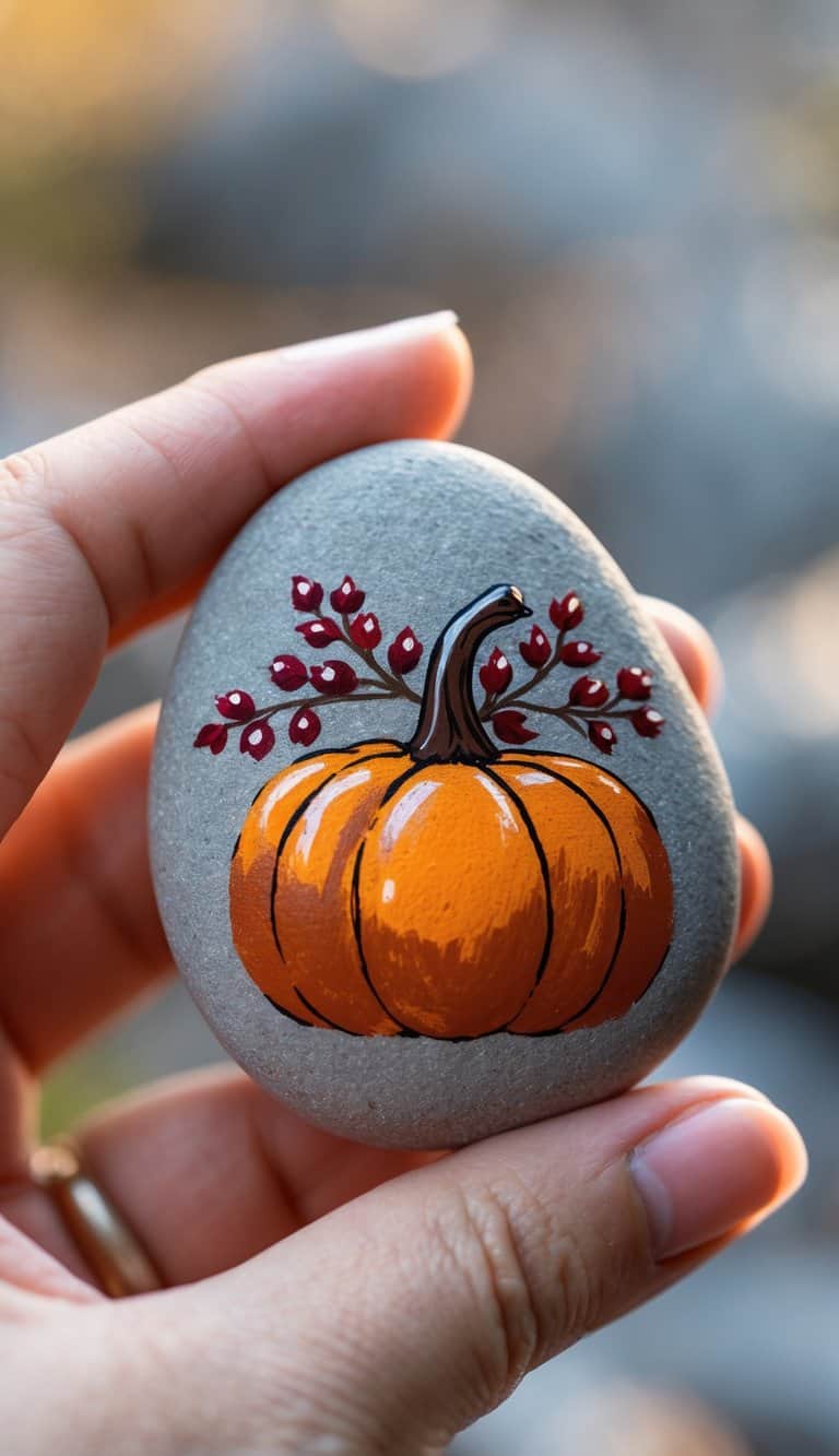 A hand holding a smooth river rock painted to look like a pumpkin with autumn berry clusters.