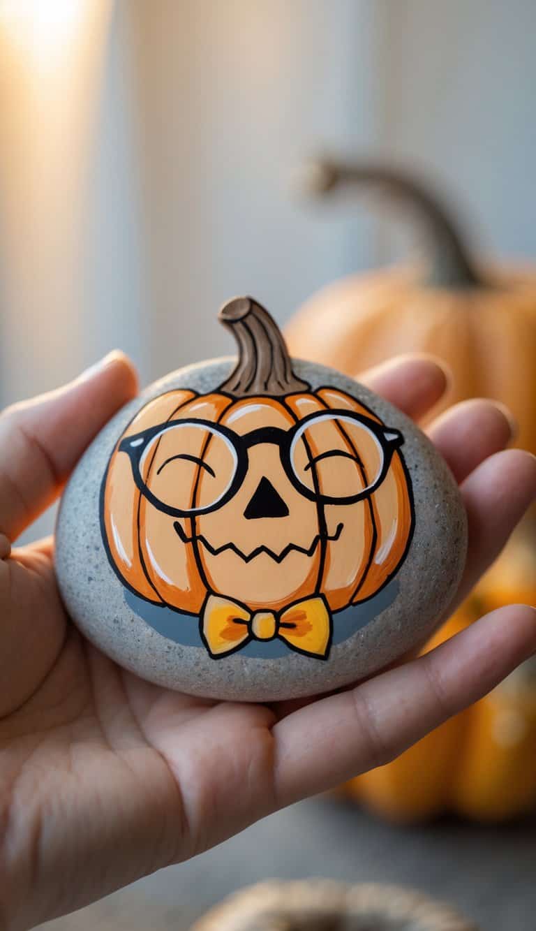 A hand holding a smooth river rock painted with an orange pumpkin wearing glasses and a bow tie.