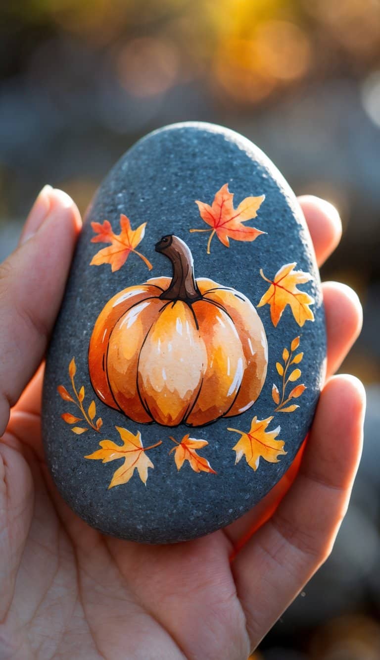 A hand holding a smooth river rock painted with a pumpkin and autumn leaves.