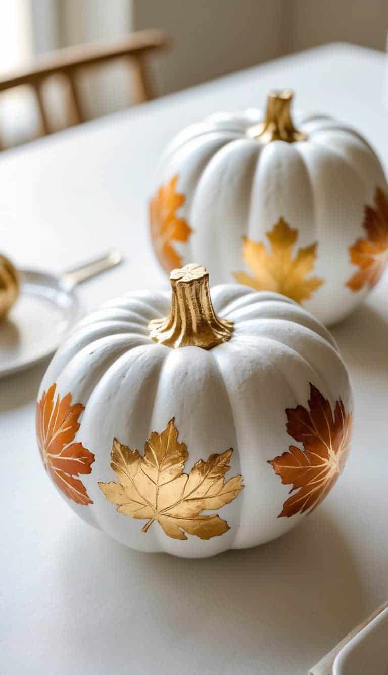Close-up of one to two white pumpkins painted with gold leaf accents on a clean tabletop under soft daylight.