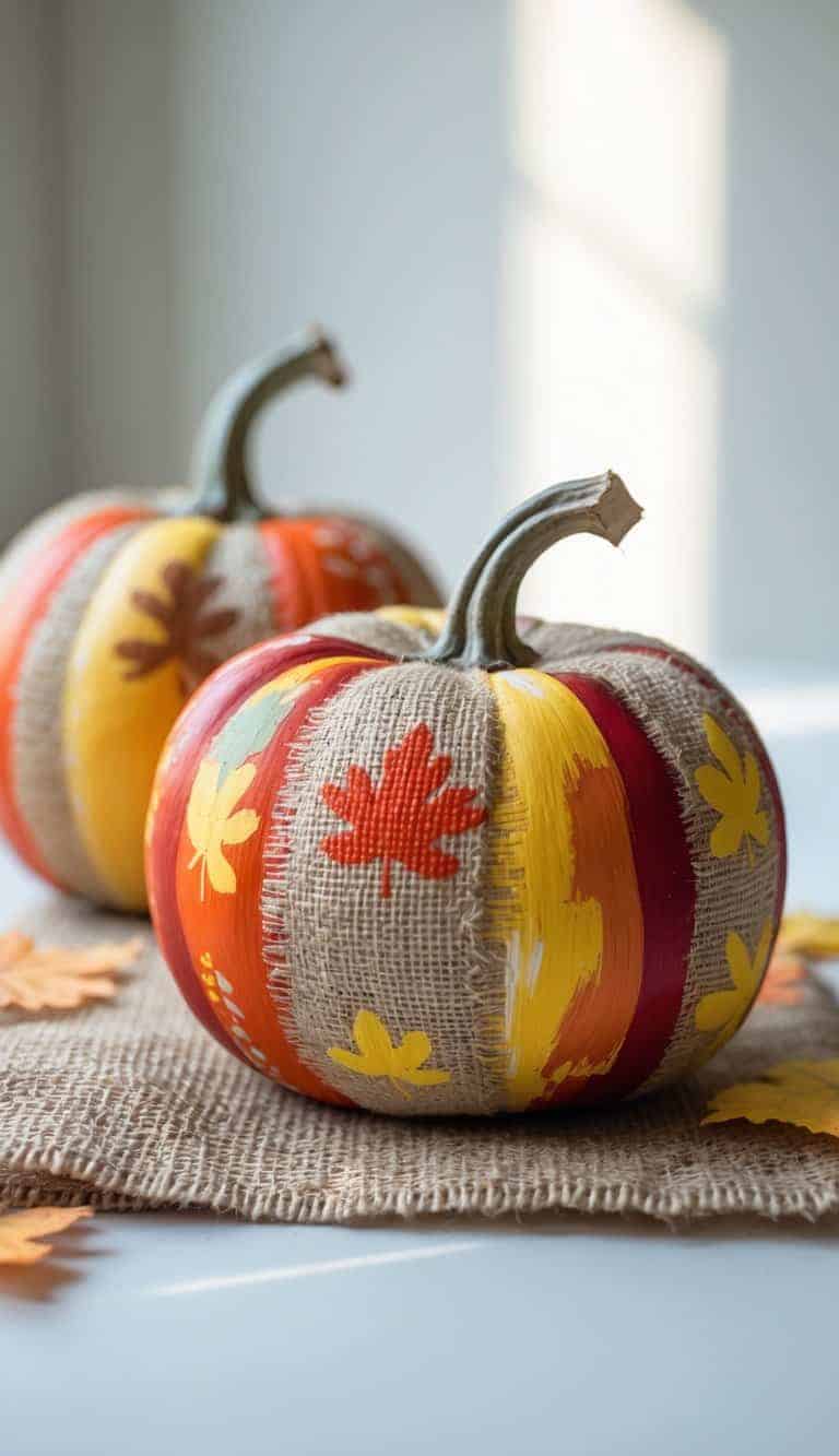 Close-up of one to two painted pumpkins on a tabletop with warm colors and a rustic burlap accent.