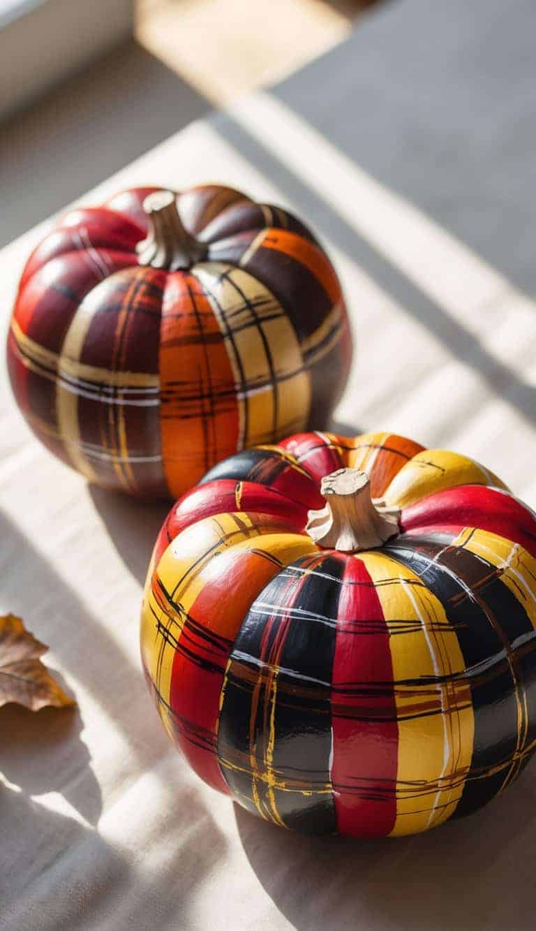 Close-up of one or two pumpkins painted with warm fall plaid patterns on a simple tabletop under soft daylight.
