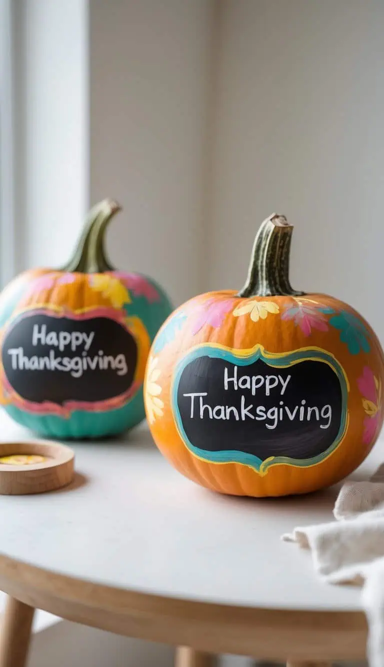 One or two painted pumpkins with chalkboard paint surfaces displayed on a table with soft daylight and a clean background.