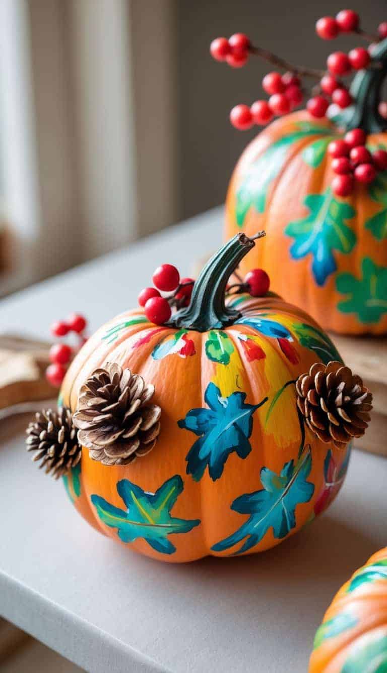 Close-up of one to two decorated pumpkins painted with pinecones and berries on a tabletop.