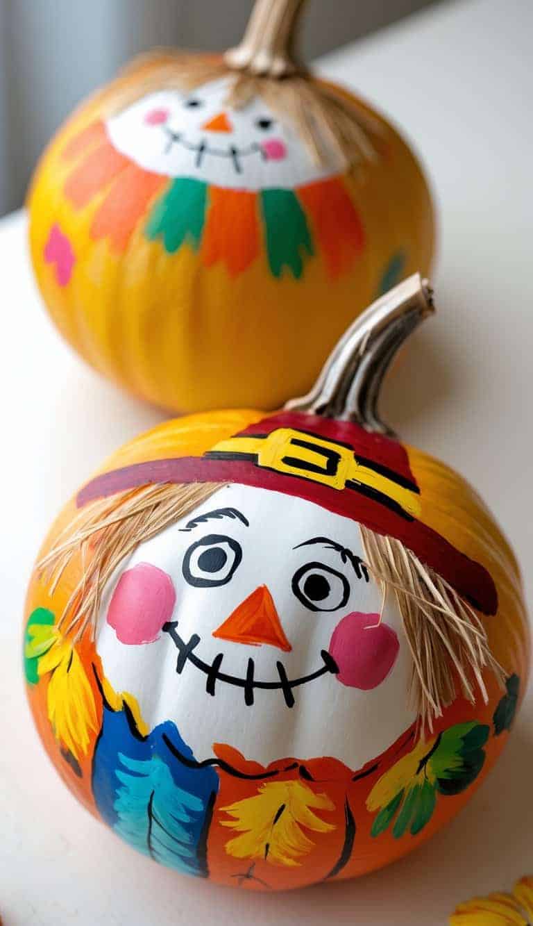 One to two pumpkins painted with playful scarecrow faces on a tabletop in soft daylight.