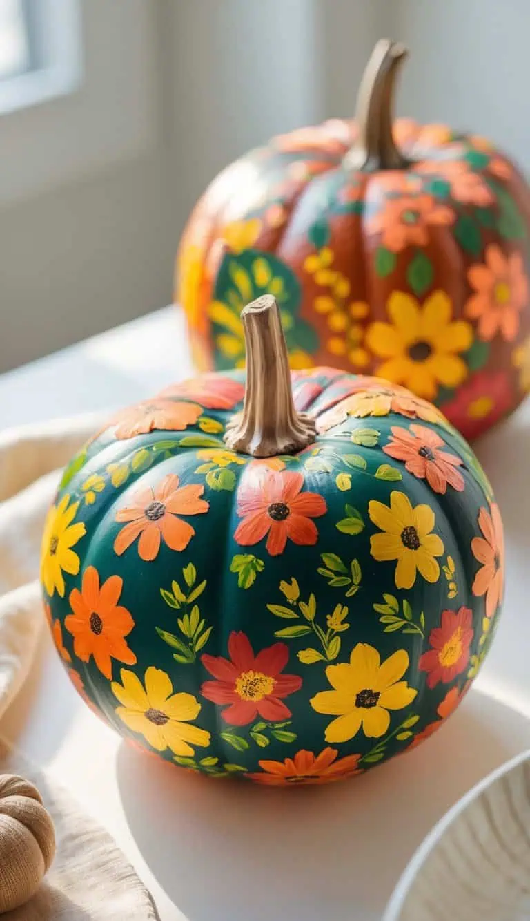 Close-up of one to two pumpkins painted with colorful fall floral wreaths on a clean tabletop under soft daylight.