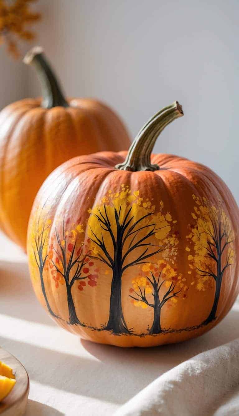 Close-up of one to two pumpkins painted with autumn tree silhouettes on a clean tabletop under soft daylight.