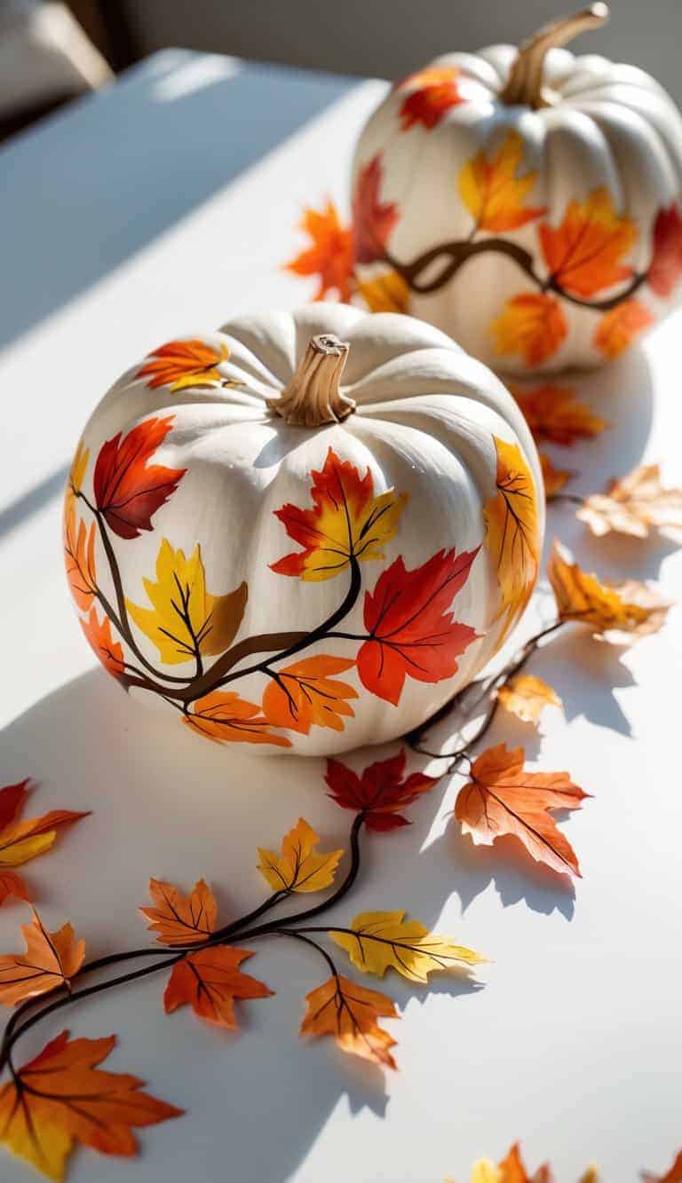 Two pumpkins on a table, decorated with colorful painted fall leaves in a simple and bright setting.