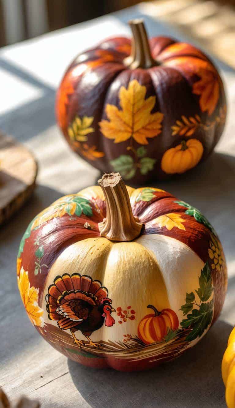 Close-up of one or two pumpkins painted with colorful Thanksgiving-themed designs on a clean tabletop under soft daylight.