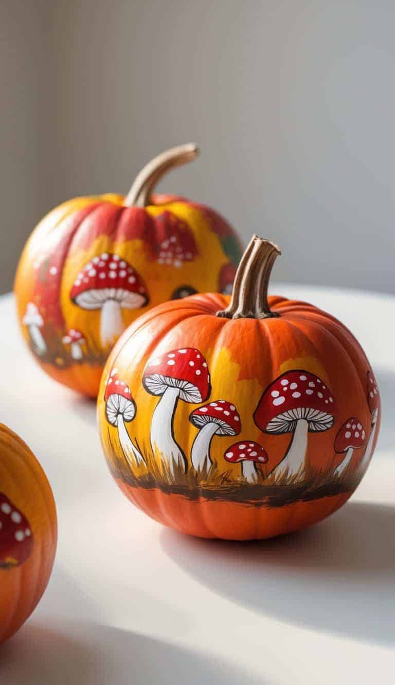 Close-up of one to two pumpkins painted with colorful autumn mushroom designs on a clean tabletop.