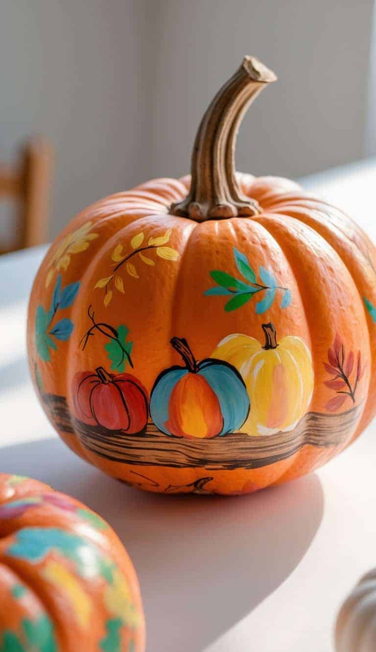 One to two hand-painted pumpkins with autumn designs arranged on a tabletop in soft daylight.