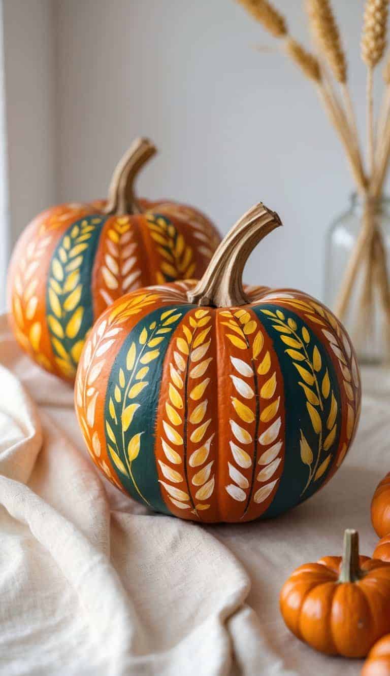 One to two pumpkins painted with colorful wheat bundle designs on a clean tabletop under soft daylight.