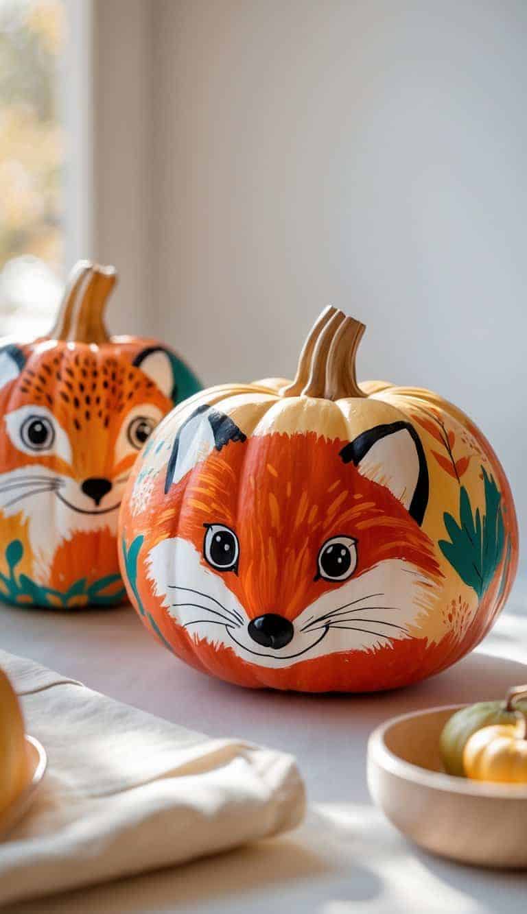 Close-up of one to two pumpkins painted with colorful forest animal designs, placed on a tabletop with soft natural light.