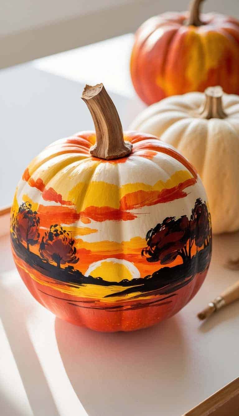 One to two pumpkins on a table, each hand-painted with colorful autumn sunset scenes, lit by soft daylight.